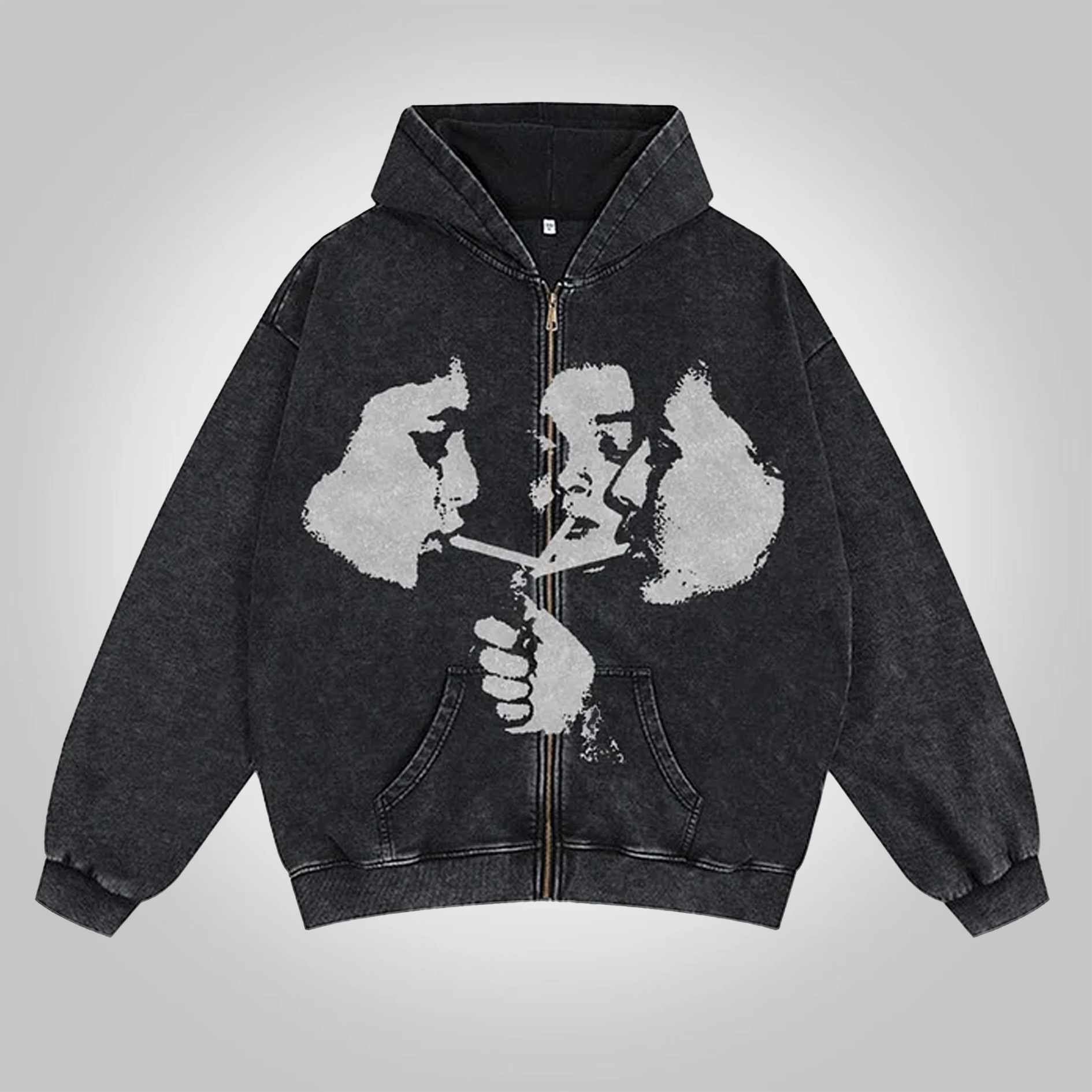 Sopula Relaxed Vintage Graphic Acid Washed Oversized Zip-Up Hoodie - SOPULA