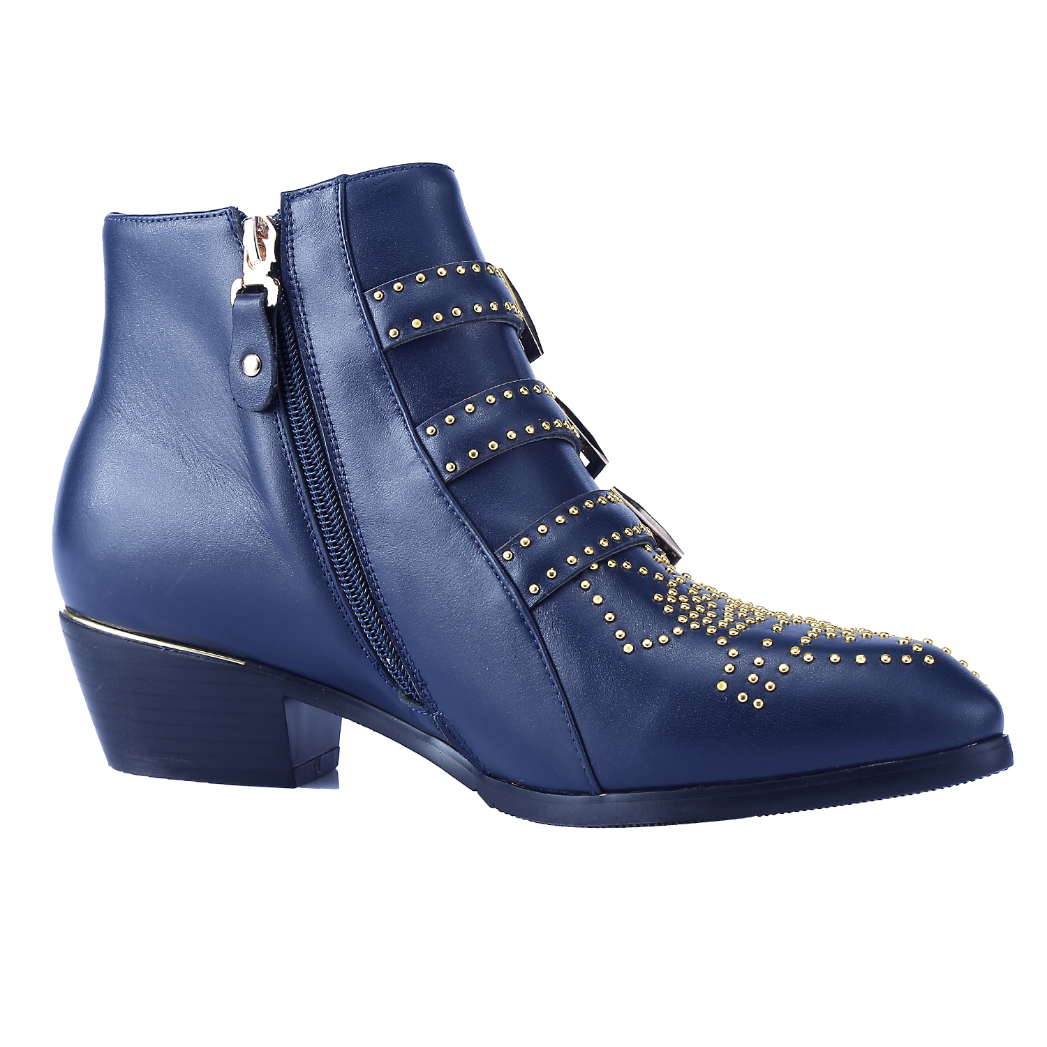 Women's Rivets Metal Buckle Low Heels Ankle Boots Navy Blue Gold-vocosishoes