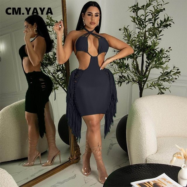 CM.YAYA Women Halter Neck Sleeveless Tassel Splicing Bodycon Midi Dress 2022 Party Club Sexy Night Party Cut Out Backless Dress
