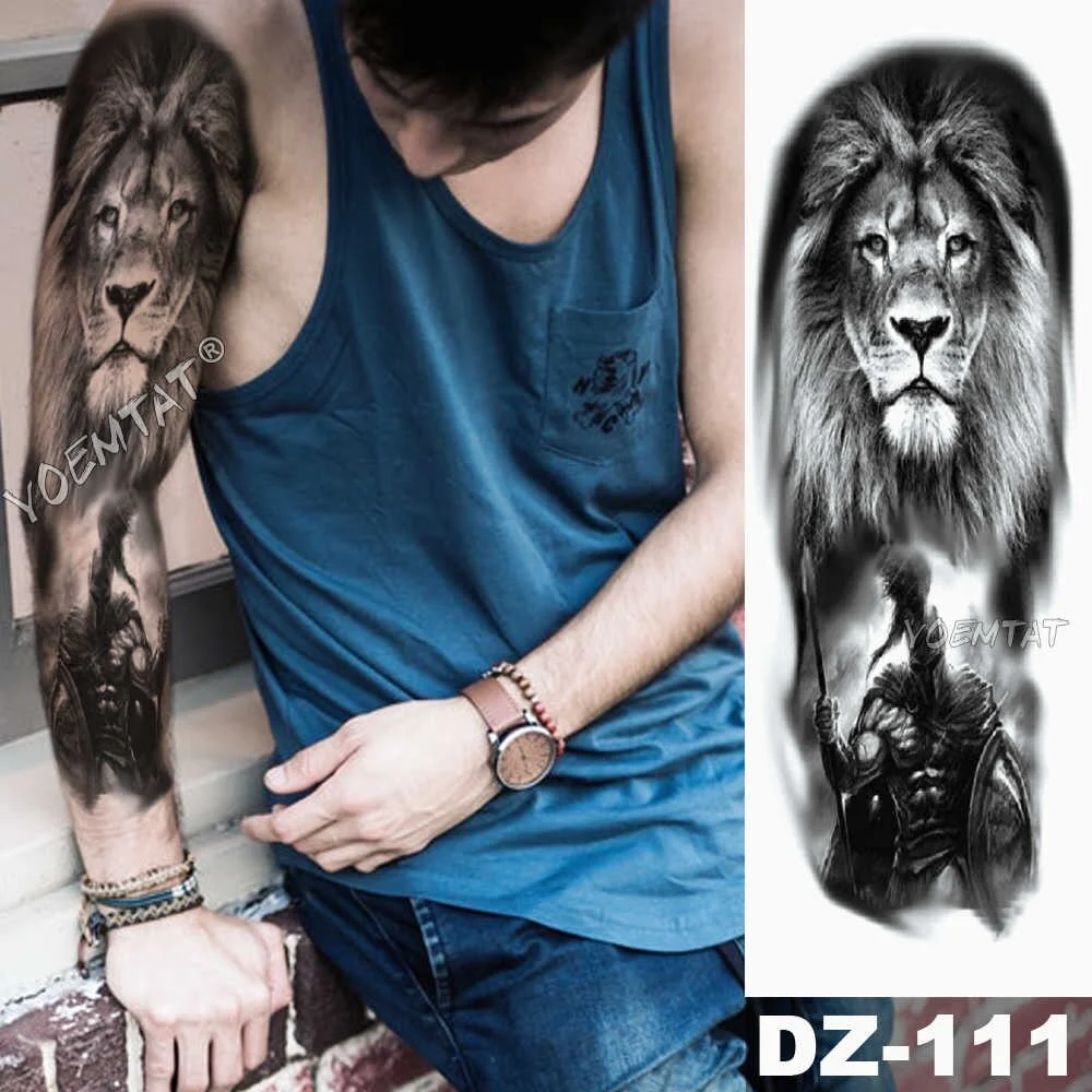 Large Arm Sleeve Tattoo Sketch Lion Tiger Waterproof Temporary Tattoo Sticker Crow Warrior Soldier Men Full Skull Totem Tattoo