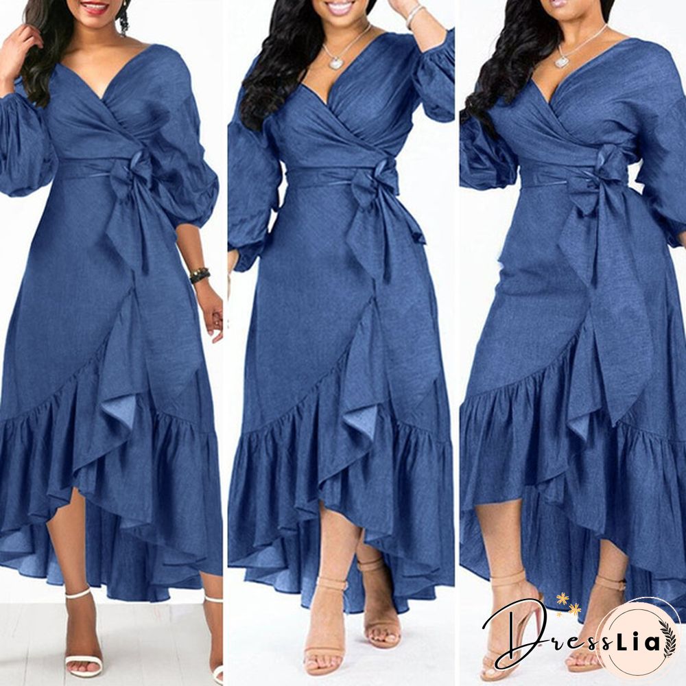Women's Fashion Puff Sleeve Deep V Neck Tunic Denim Ruffled Dress Irregular Hem Elegant Party Long Dresses Vestidos S-5XL