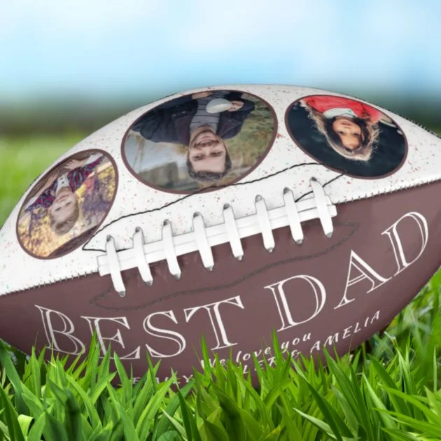 Personalized Photo Custom Text Best Dad 3 Photos Collage Football Rugby Gifts For Football Lovers Father's Day Football Gifts for Dad, Son, Grandpa
