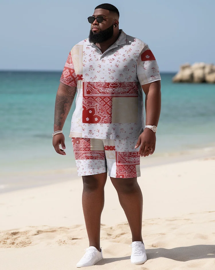 Men's Plus Size Seaside Peris Pattern Hawaiian Shirt Shorts Two Piece Set