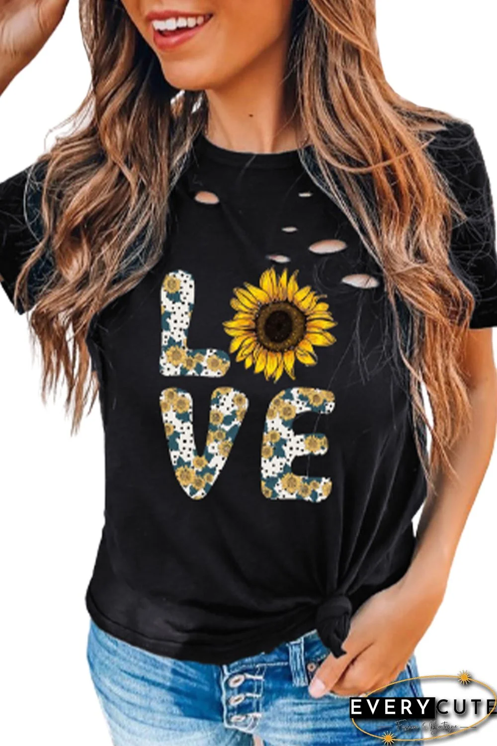 Black Sunflower Print LOVE Print Short Sleeve Graphic Tee