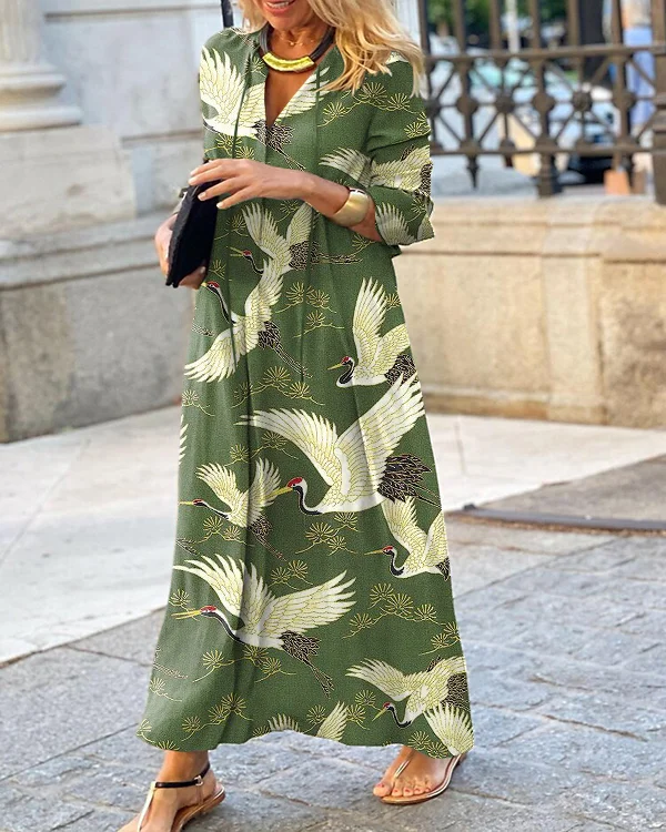 Japanese Retro Crane Print V Neck Long Sleeve Dress