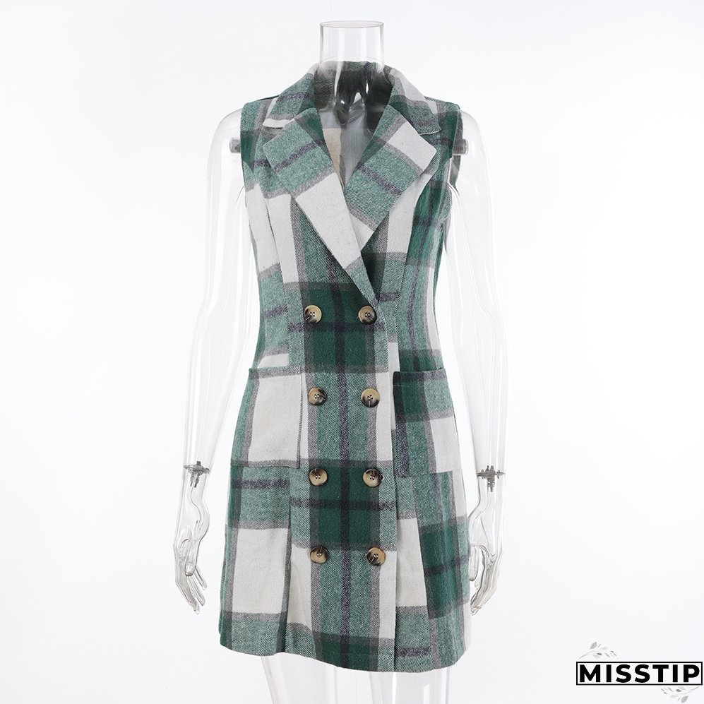 Women's Fashion Plaid Long Vest Turndown Collar Sleeveless Blazer