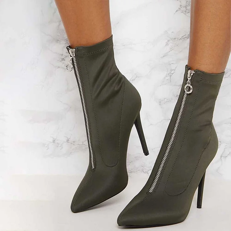 Green Pointy Toe Stiletto Heel Ankle Boots with Zipper |FSJ Shoes
