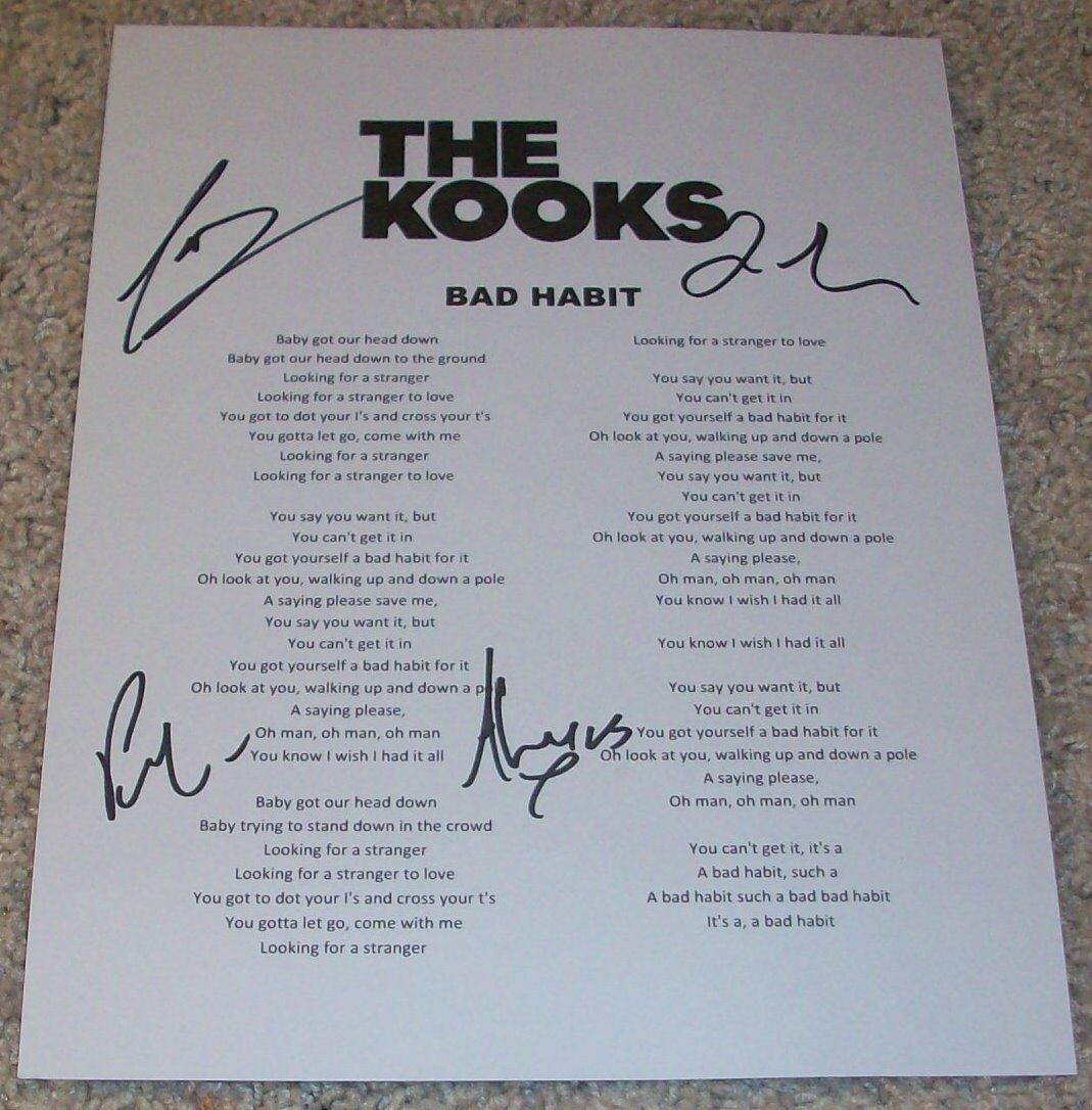 THE KOOKS GROUP SIGNED AUTOGRAPH BAD HABIT LYRICS SHEET wPROOF LUKE PRITCHARD +3