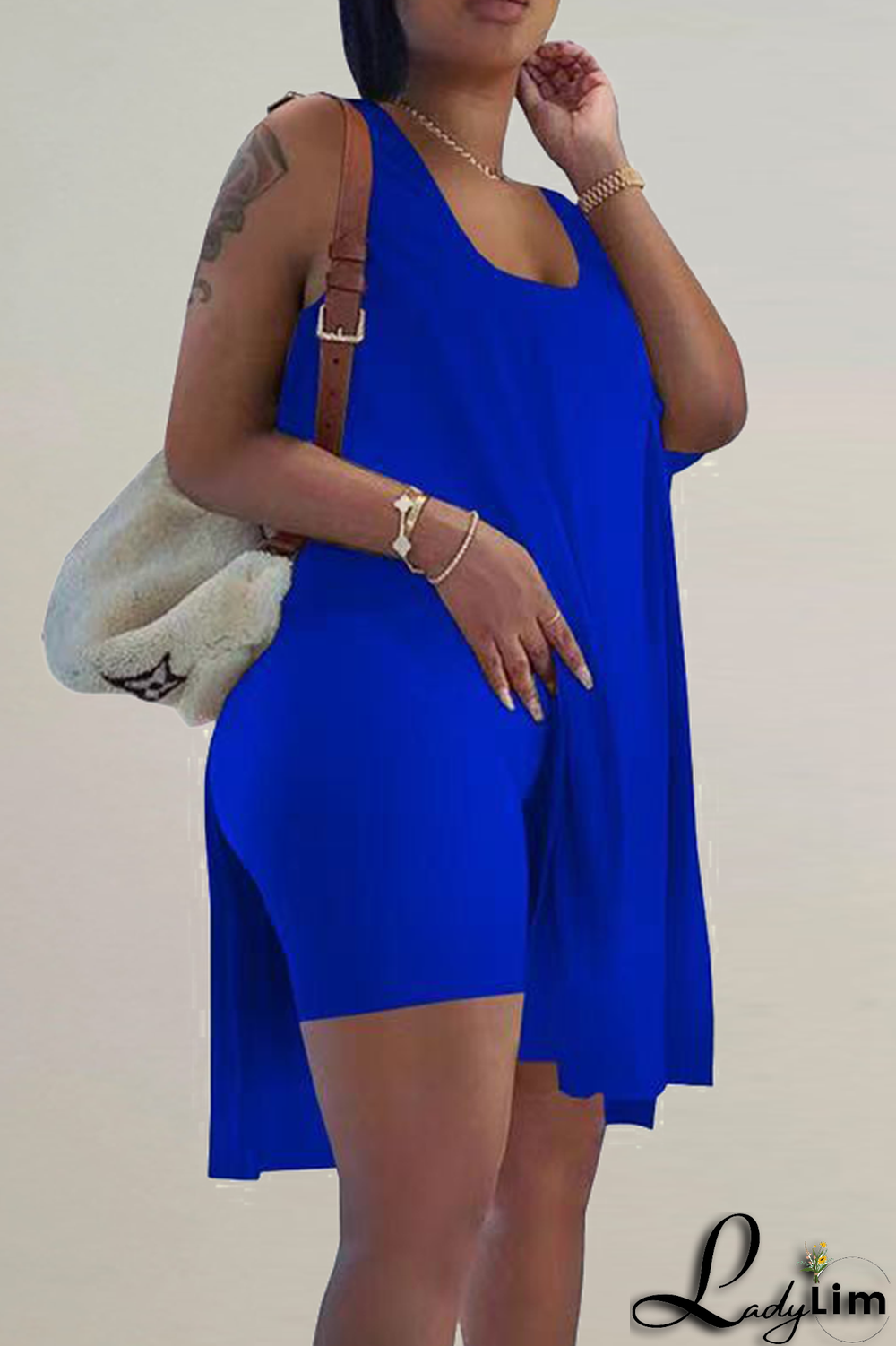 Colorful Blue Casual Solid Slit Square Collar Sleeveless Two Pieces