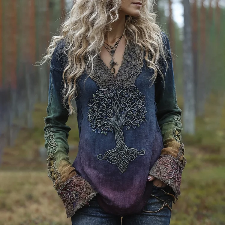 Women's Vintage Tree Of Life Embroidery Long-sleeve T-shirt