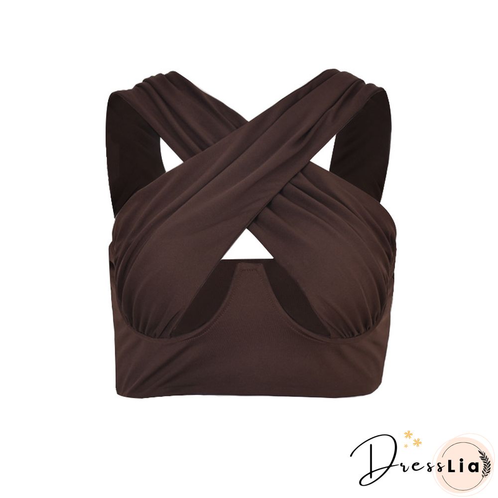 Hollow Out Tank Top For Women Sexy Short Crop Tops Brown Crossover Solid Clothes Fashion New Summer Streetwear