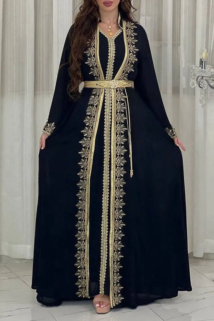 Sequins Embroidery Stand Collar Abaya V Neck Sleeveless Maxi Dresses 2pcs Set