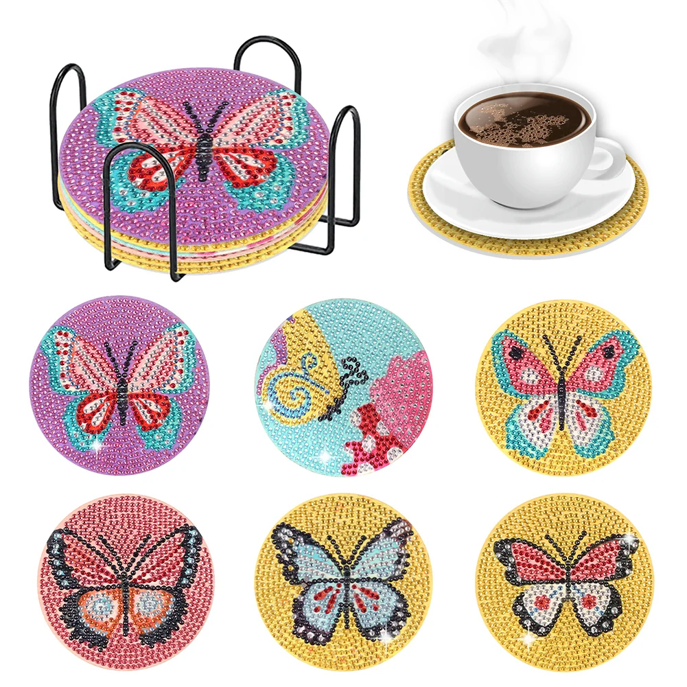 6pcs DIY Butterfly Diamond Art Crafts Scenenry Diamond Paintings Coaster Kits