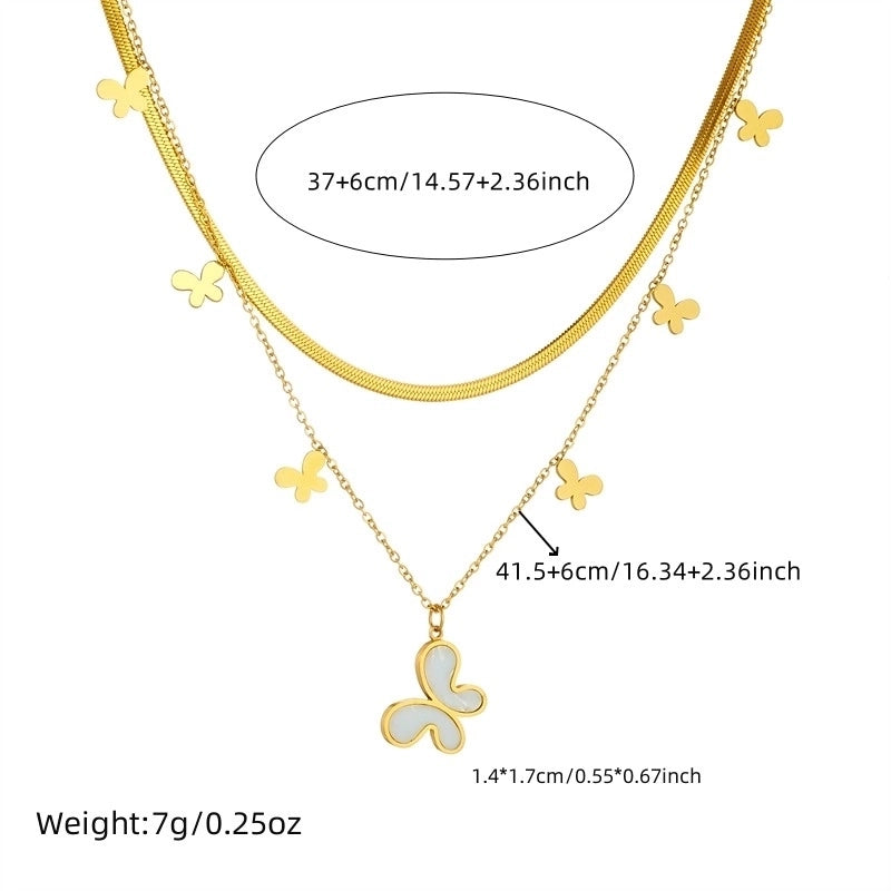 Elegant Heart Shape Butterfly 304 Stainless Steel 18K Gold Plated Double Layer Necklaces
