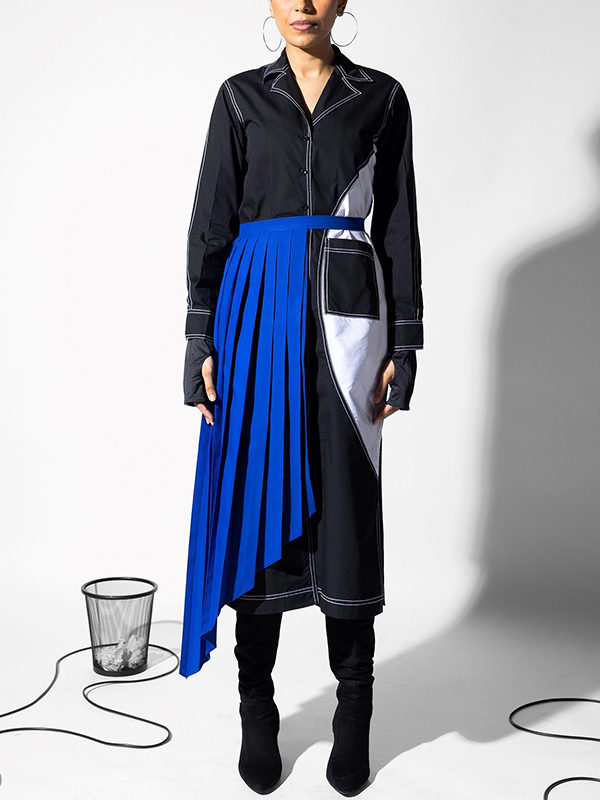 Colorblock Patchwork Pleated Hem Long Sleeve Midi Dress