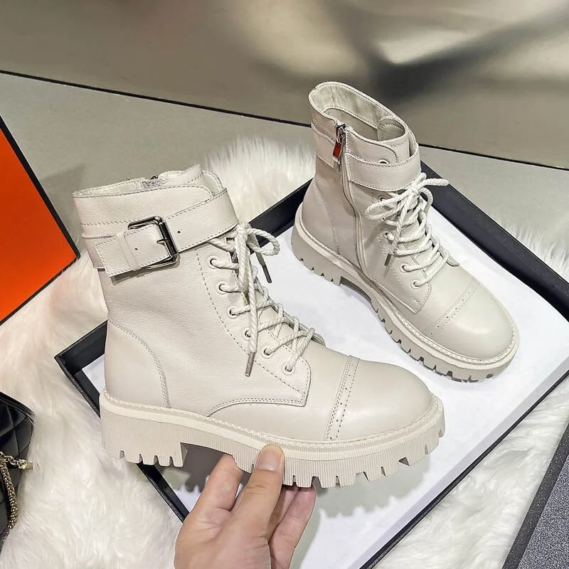 CXJYWMJL Genuine Leather Women Martin Boots Autumn British Style Thick Bottom Buckle Ankle Boots Ladies Fashion Zipper Booties