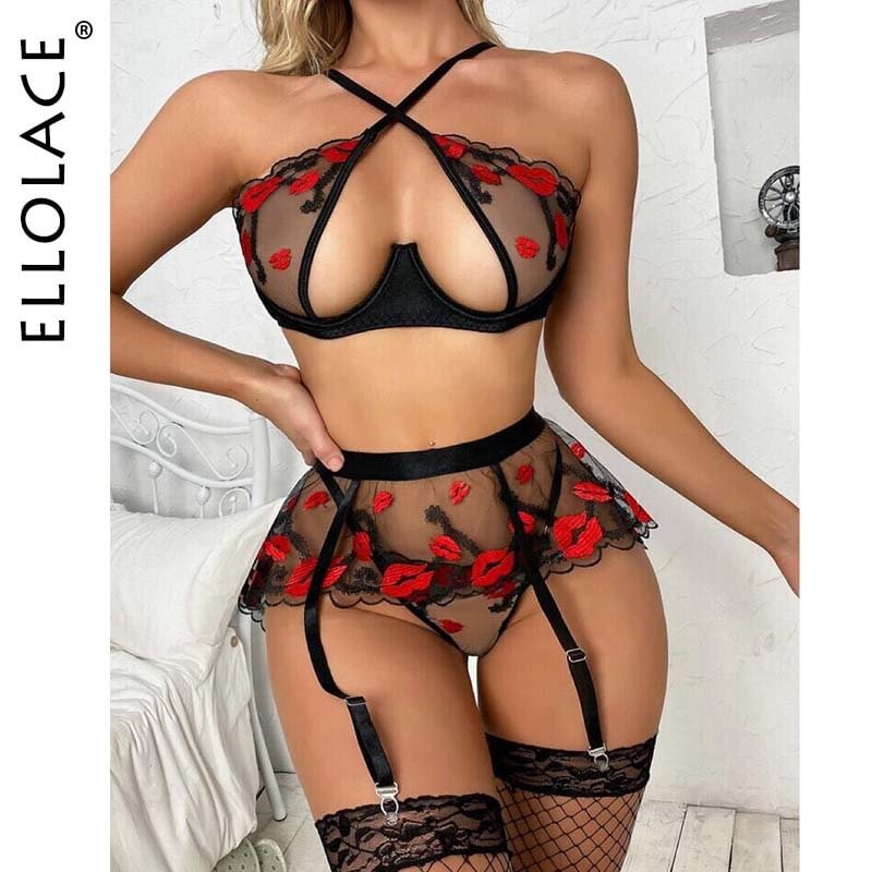 Ellolace Valentine Lingerie Red Lip Embroidery Exotic Costumes Transparent Halter Porn Underwear Sexy Outfits Sissy Erotic Sets