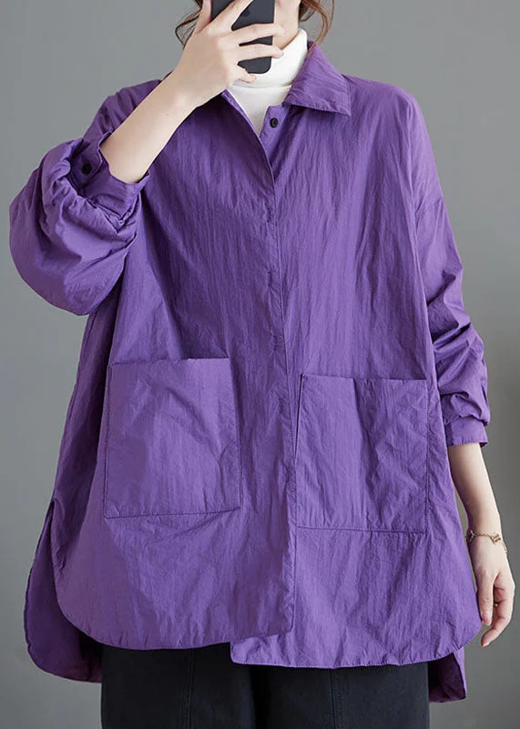 Loose Purple Peter Pan Collar Pockets Patchwork Parkas Coats Long Sleeve
