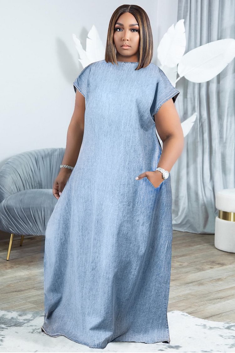 Xpluswear Plus Size Casual Round Neck Short Sleeve With Pocket Denim Maxi Dress [Pre-Order]