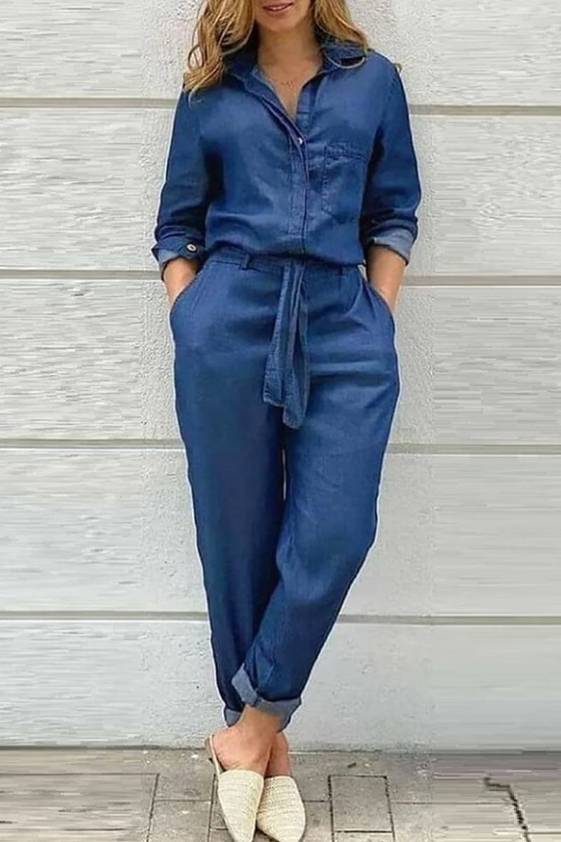 Casual Solid Patchwork Buckle Turndown Collar Long Sleeve Straight Denim Jumpsuits