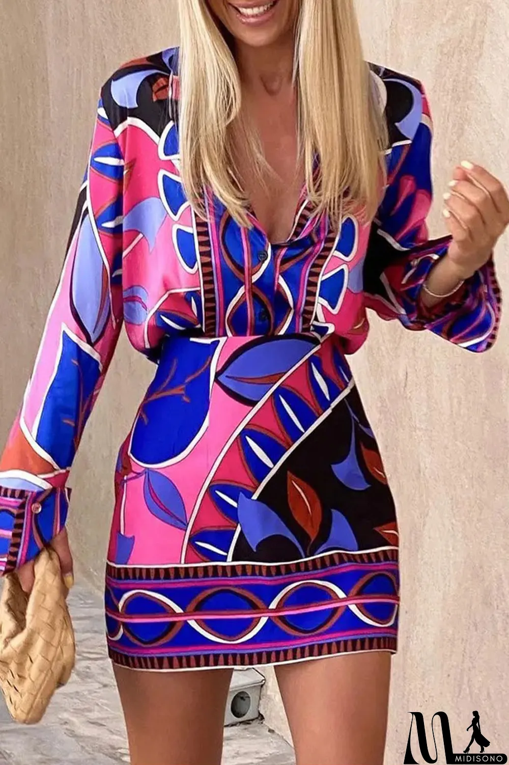 MidiSono - Black Apricot Sexy Casual Work Print Buttons V Neck Long Sleeve Two Pieces