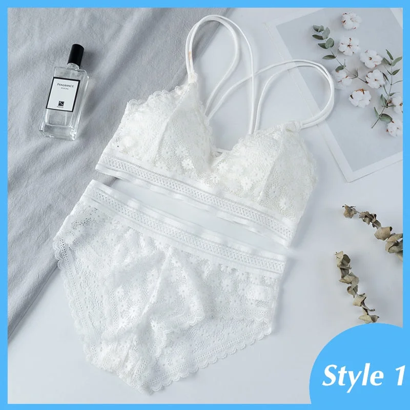 Women Lace Bra Sets Seamless Underwear Backless Vest Adjusted-straps Lingerie Floral Soft Comfortable Underwear Set