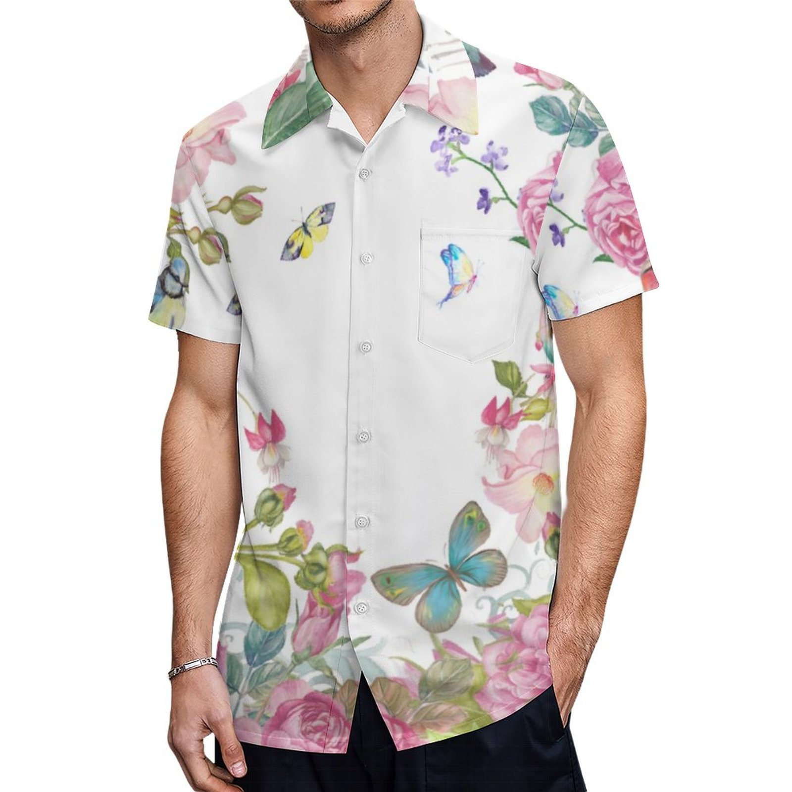 Pretty Summer Butterfly Birds N Flowers Vacation Hawaiian Shirt Mens Button Down Tropical Hawaii Beach Shirts