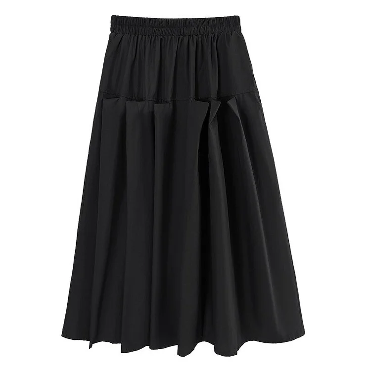 Simple Solid Color Pleated Splicing Pockets Skirt