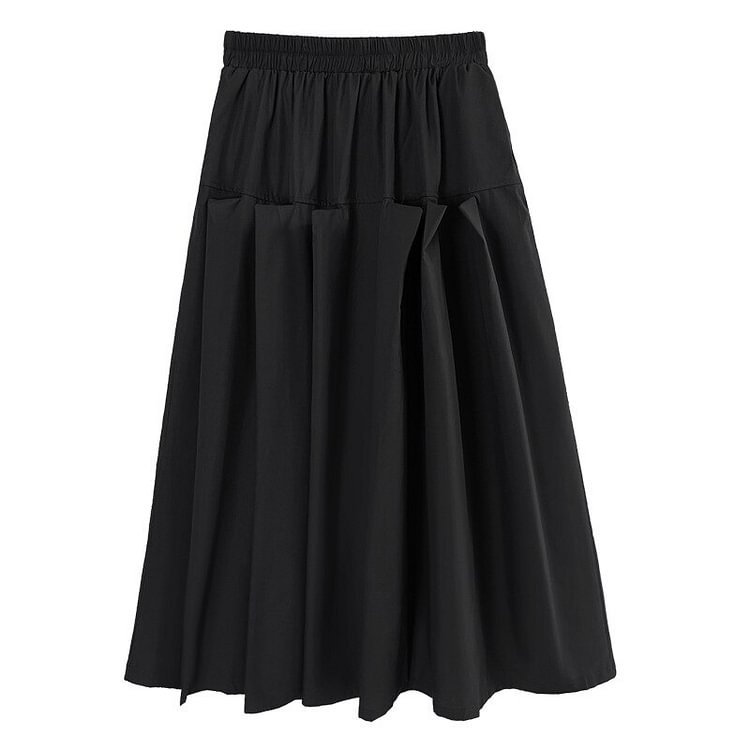 Simple Solid Color Pleated Splicing Pockets Skirt 