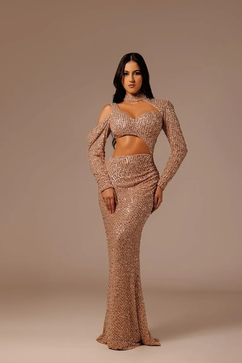 Daisda Chic Long Sleeves Sweetheart High Necked Mermaid Prom Dress With Sequins