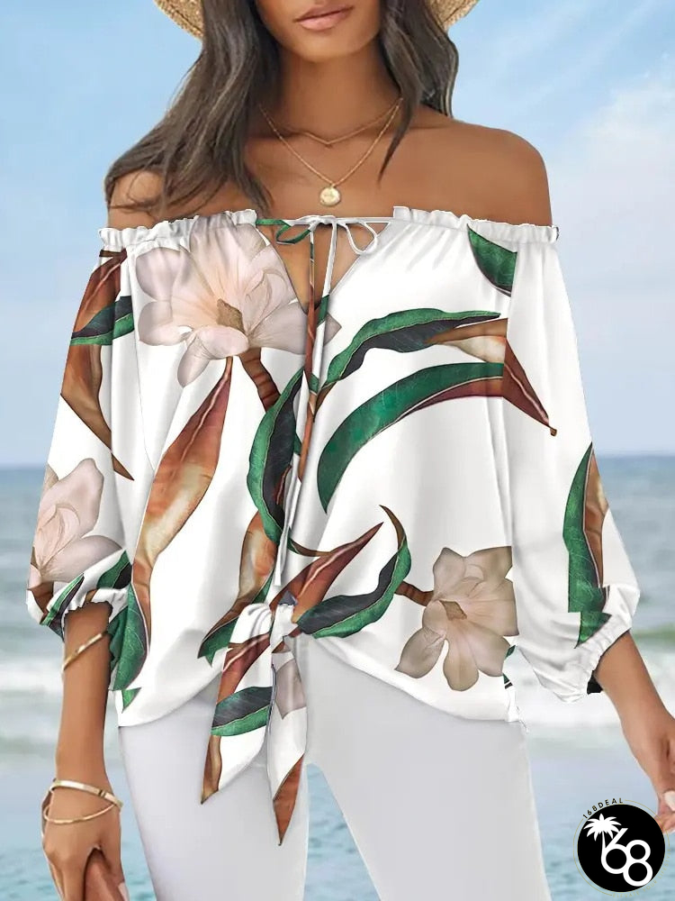 Women's Cotton Off-Shoulder Pullover Closure Elegant Printed Tops | 168DEAL