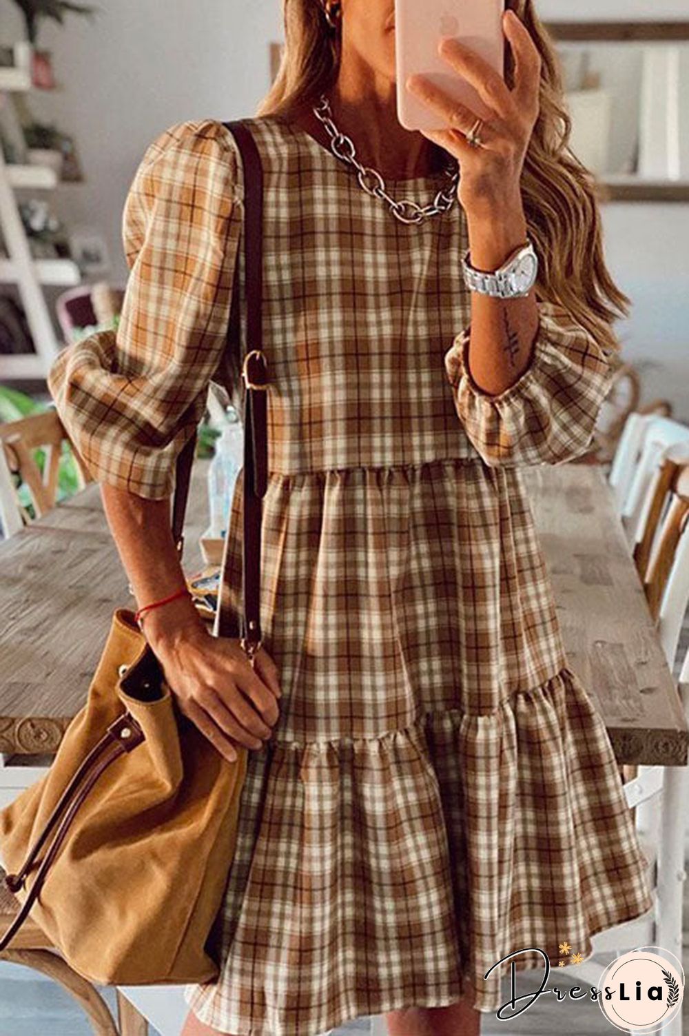 3/4 Sleeve Plaid Swing Dress