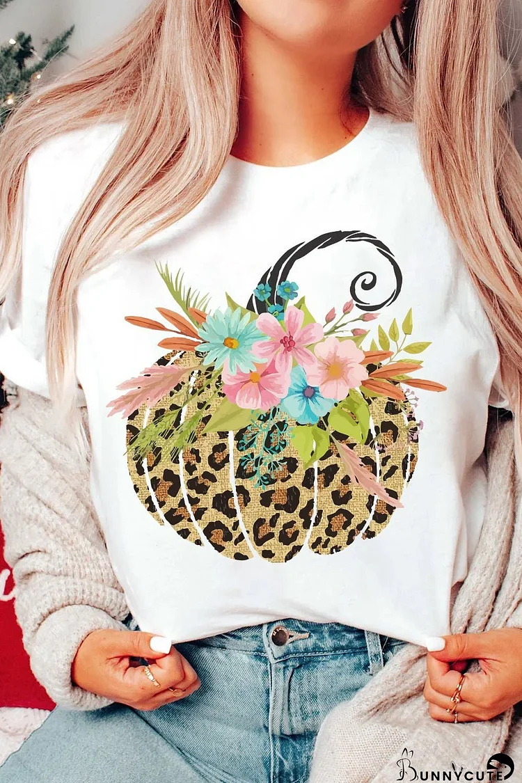 White Floral Leopard Pumpkin Graphic Halloween T Shirt