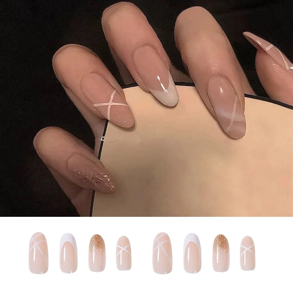 24Pcs Nude French Fake Nail Almond Head Detachable Wearable False Nails Full Cover Nail Art Tips Nail Extension Tools