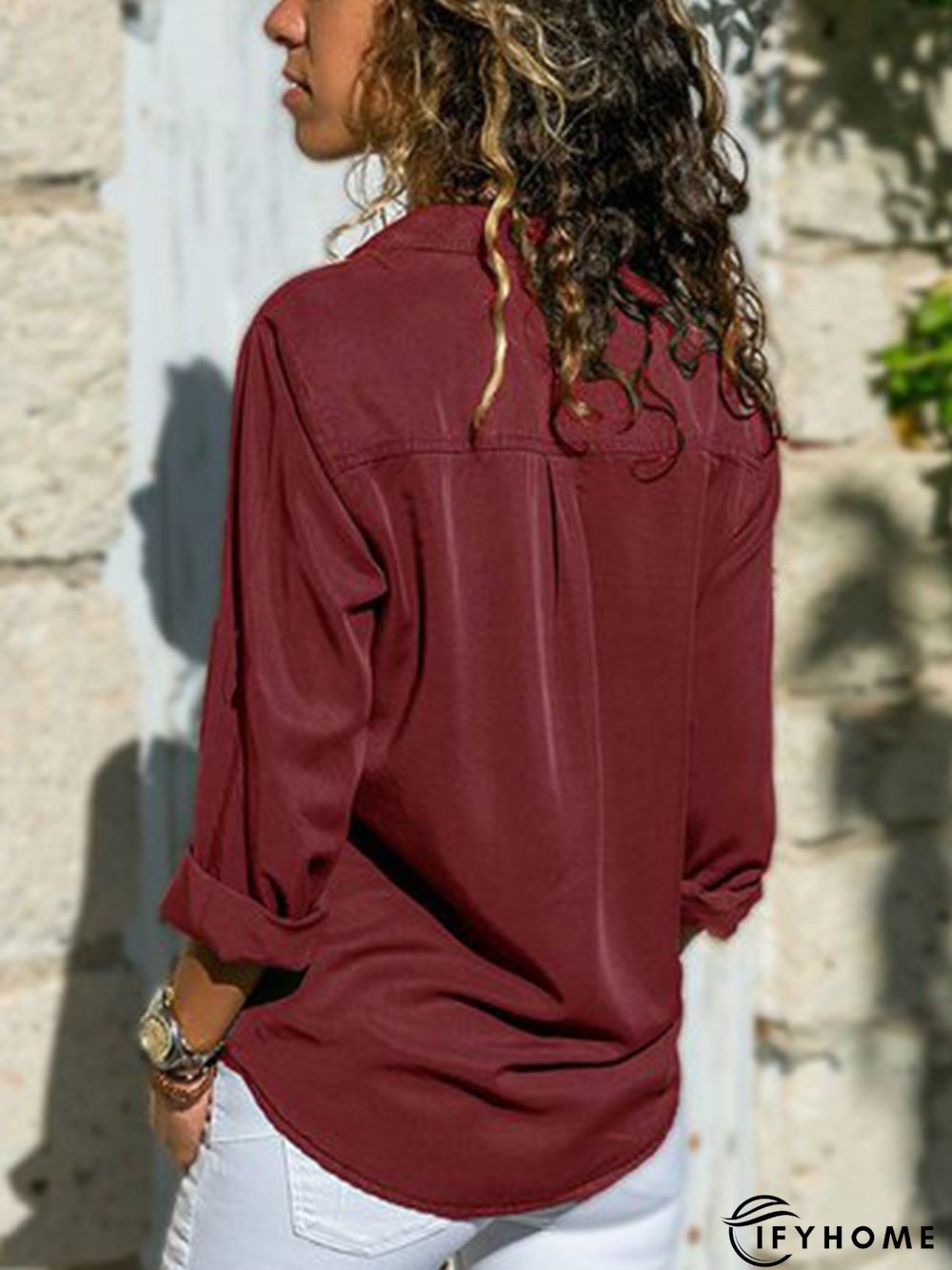Women Fashion Turn Down Collar Solid  V Neck Long Sleeve Blouse | IFYHOME