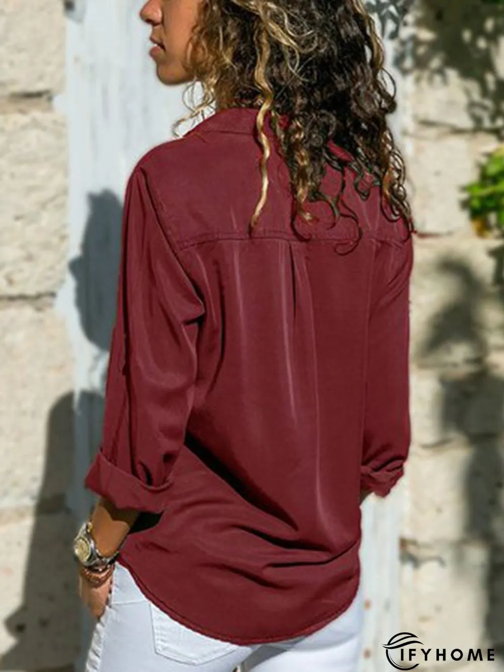 Women Fashion Turn Down Collar Solid  V Neck Long Sleeve Blouse | IFYHOME
