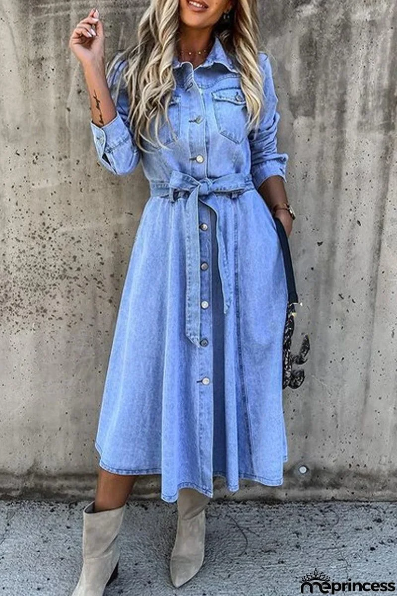 Work Elegant Solid Patchwork Pocket Frenulum Buckle Turndown Collar Long Sleeve High Waist Regular Denim Dresses