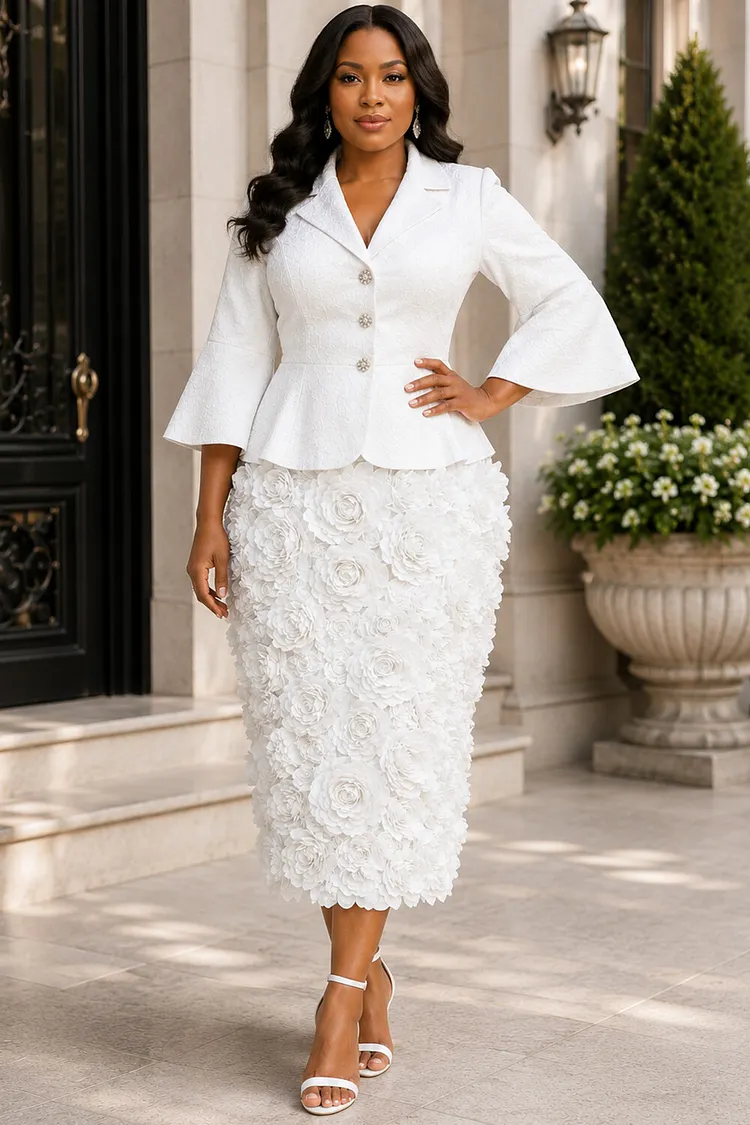 Xpluswear Design Plus Size Business Casual White Turndown Collar Flare 3/4 Sleeve 3D Split Two Piece Skirt Sets [Pre-Order] 2024 - Xpluswear