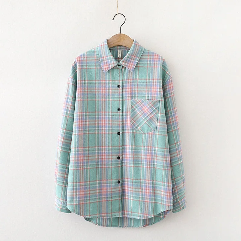 2021 New Loose Design Cotton Plaid Shirt Women Young Style Long Sleeve Blouses Casual Shirts Lady Tops Clothes Blusas