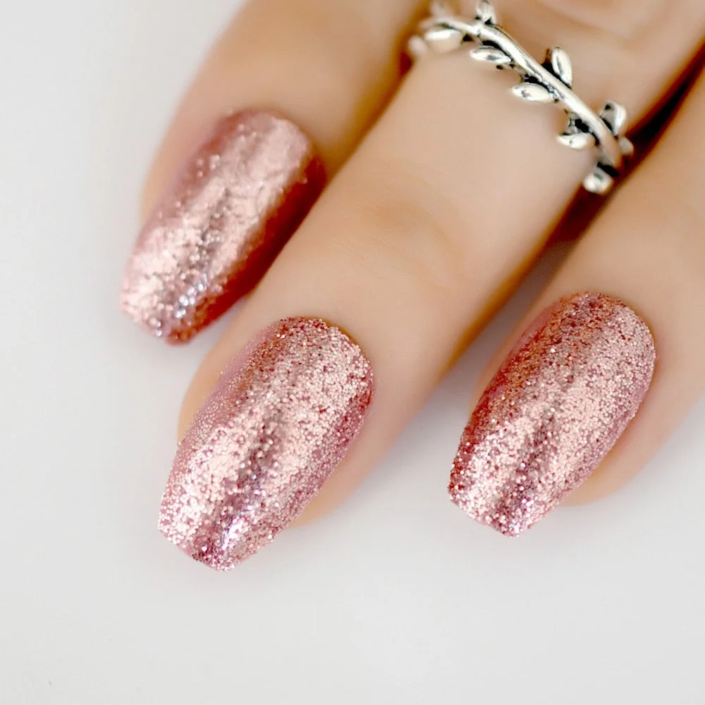 Rose Gold 24 Full Cover False Nails Gorgeous Glitter Ballerina Acrylic Nail Tips 12 sizes Full Coverage DIY Tips with Adhesive-Nail Inspo