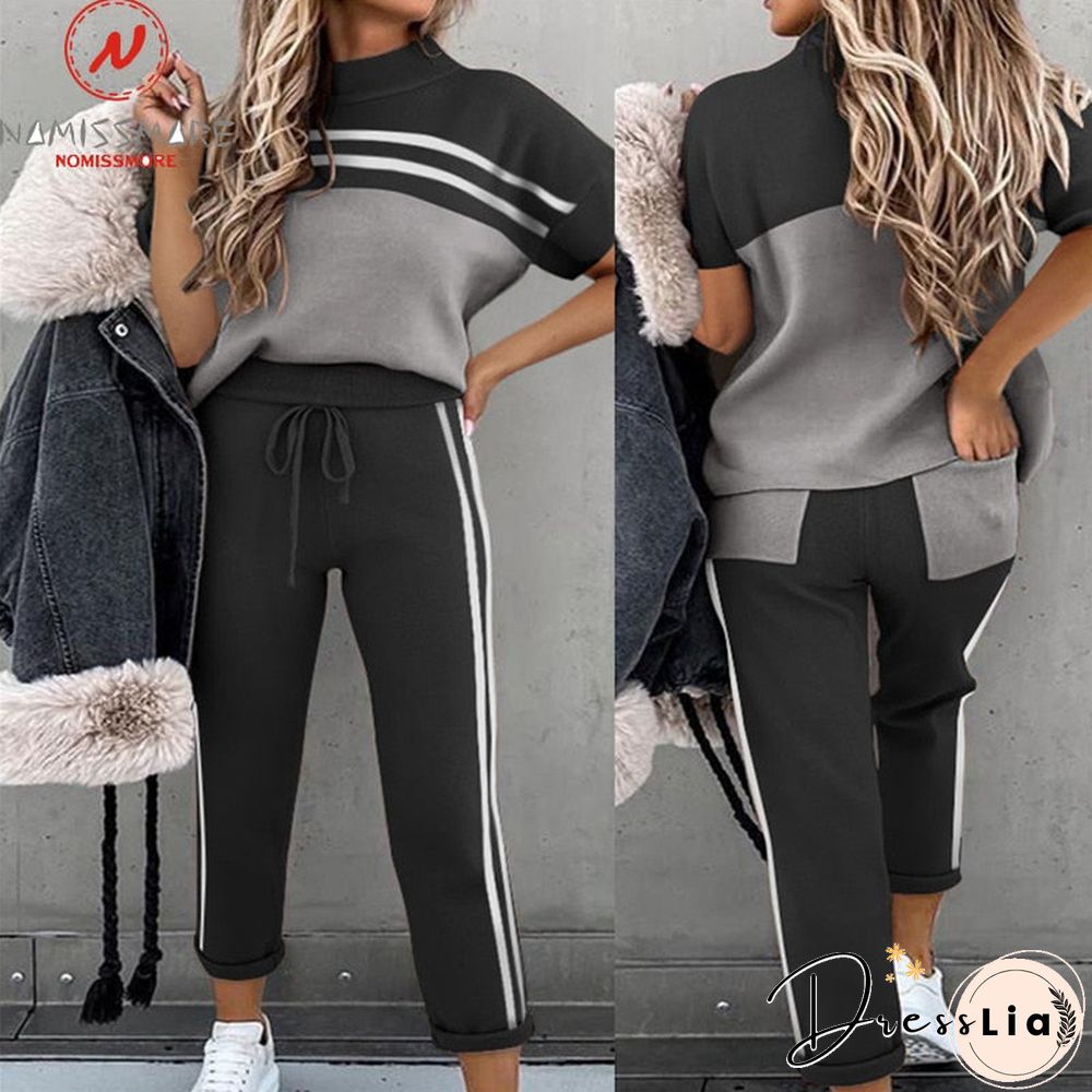 Women Summer Casual Loose 2 Piece Set Side Stripes Drawstring Design Pockets Decor Mid Waist Long Pants+O-Neck Short Sleeve Top