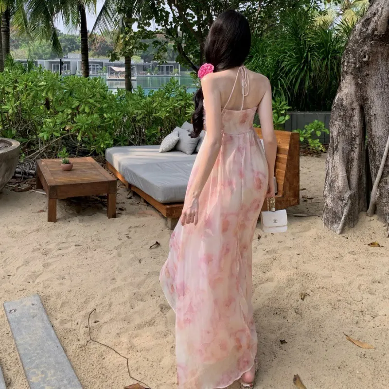 Uveng Uveng Sense Of Three-Dimensional Flower Small Minority Hanging Neck Type Dress Seaside Holiday Show Thin Dress