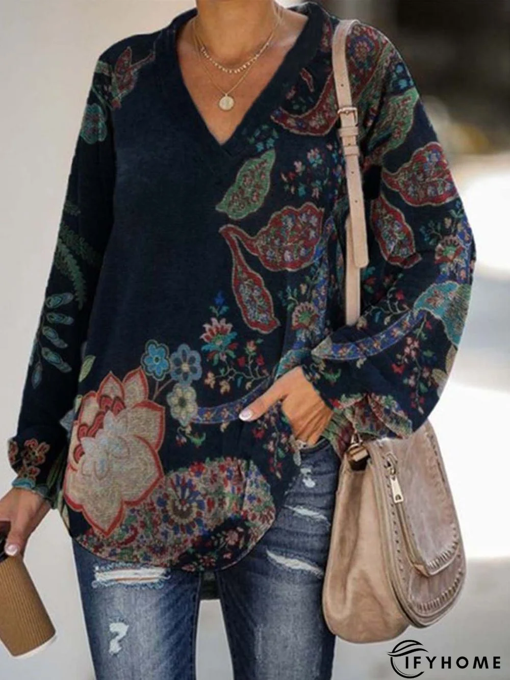 Casual Long Sleeve V Neck Printed Tunic Top | IFYHOME