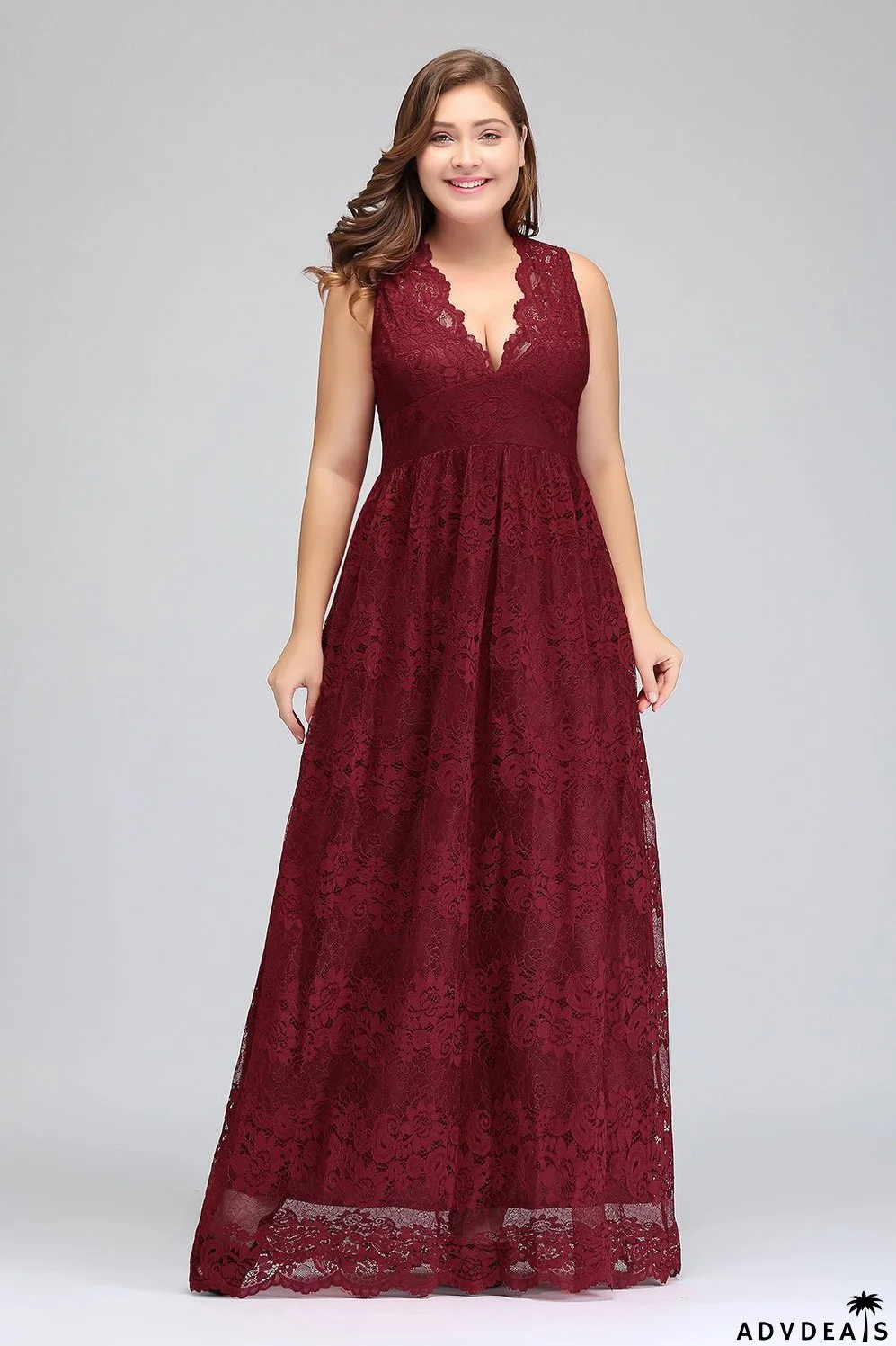 Plus Size A-Line V-Neck Burgundy Lace Bridesmaid Dresses