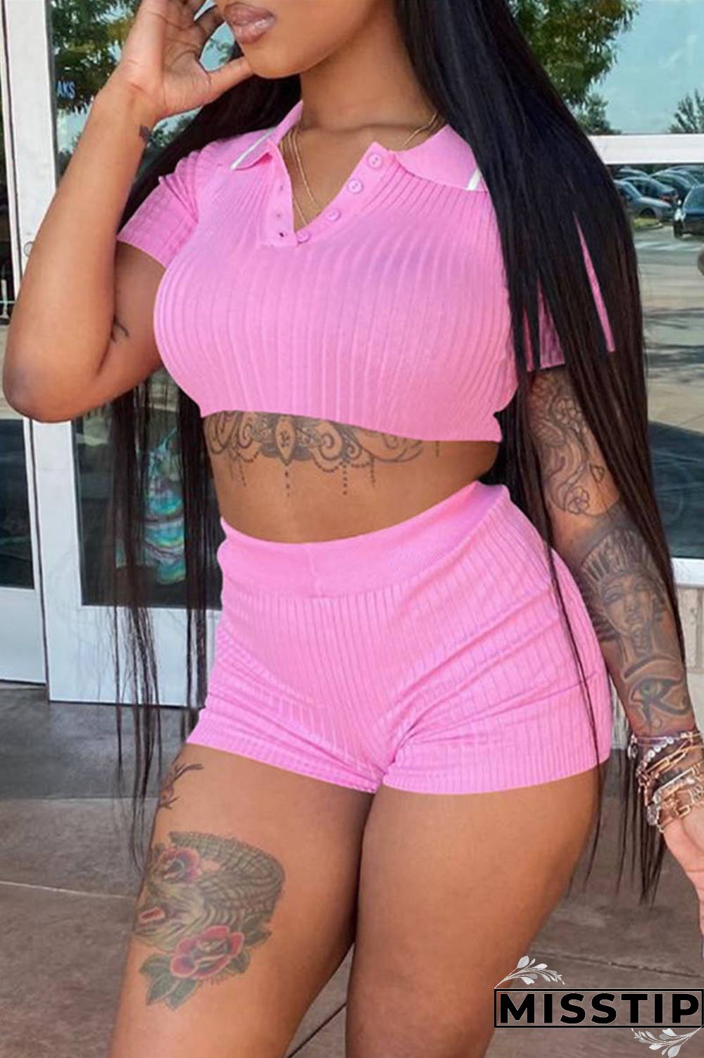 Black Fashion Casual Solid Basic Turndown Collar Short Sleeve Two Pieces