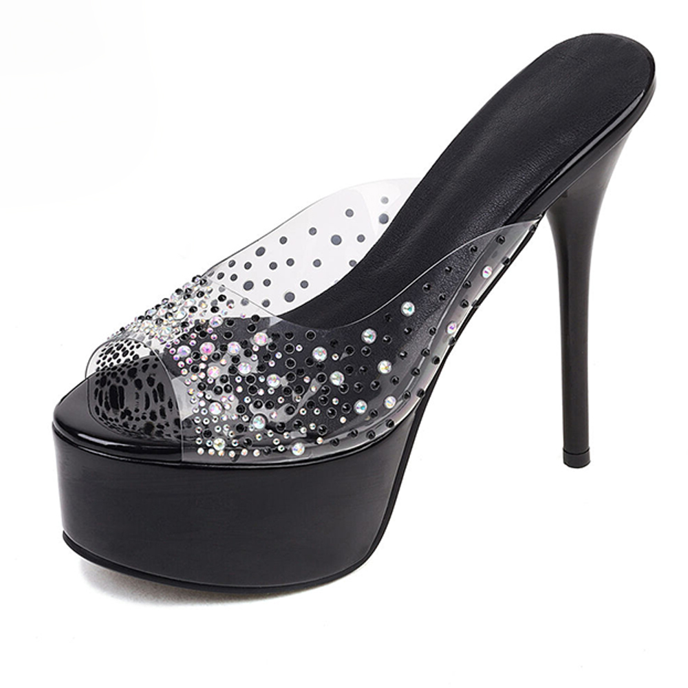 Clear & Black Rhinestone Open Toe Stiletto Heel Platform Mules Nicepairs