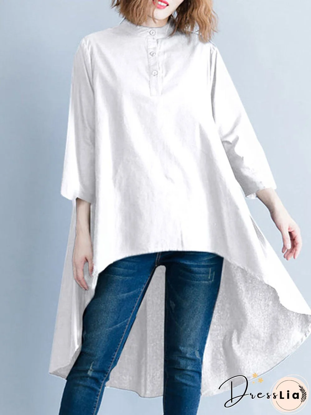 Solid Irregular Hem Button Stand Collar Blouse