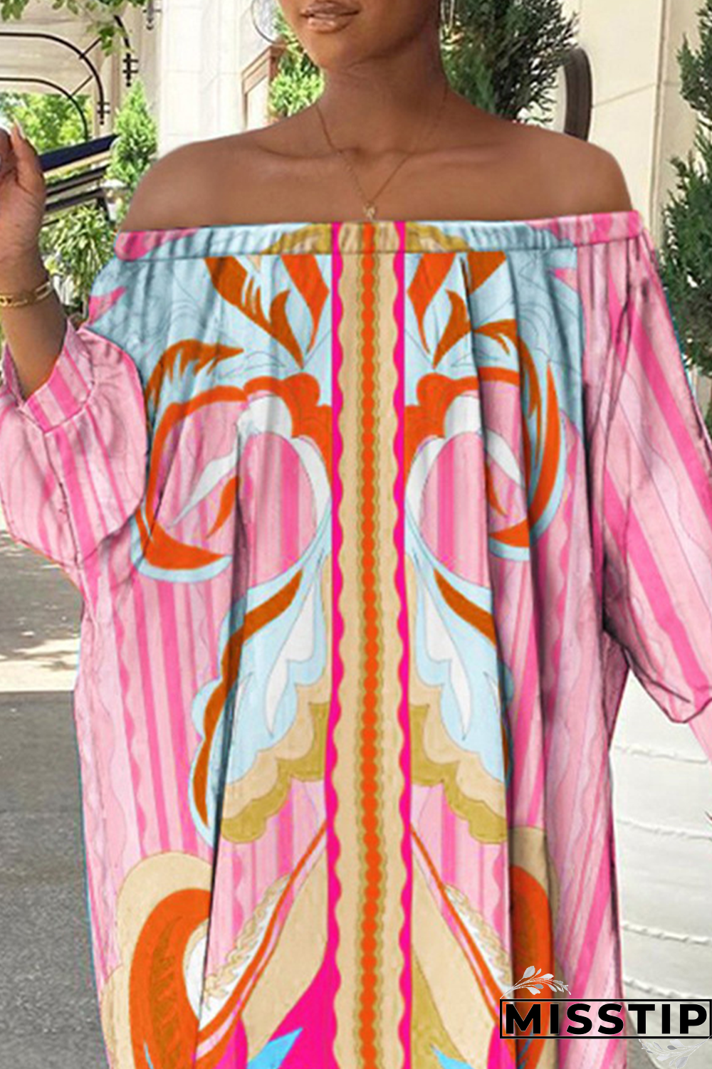 Pink Sexy Print Patchwork Off the Shoulder Irregular Dress Dresses