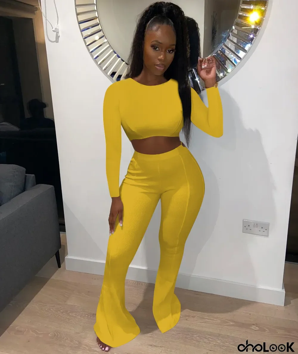 Solid Sexy Long Sleeve Hollow Out 2 Piece Pants Set
