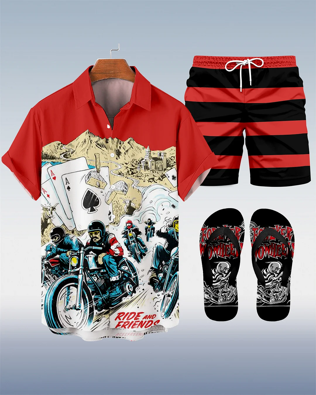 Suitmens Men's Modified Motorcycle Print Shirt Three-Piece Set 067